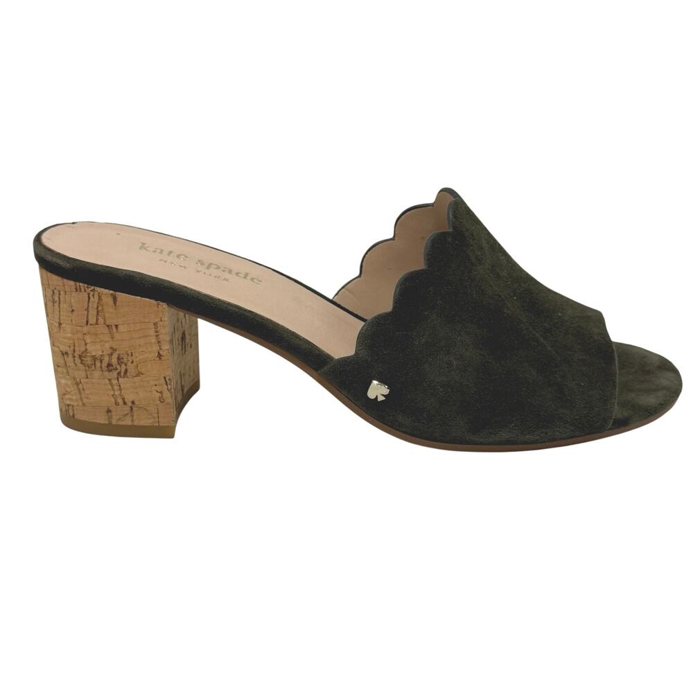 Kate Spade Warren Scalloped Heeled Mules 6 Olive Green Suede Open Toe